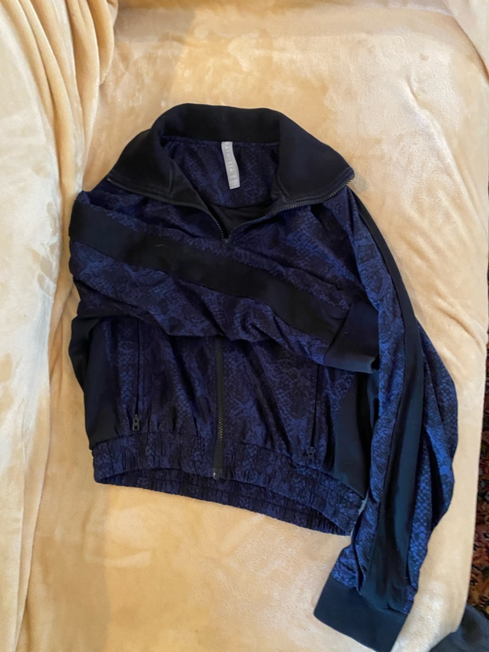 Navy Blue Snakeskin-Print Zip-Up Jacket